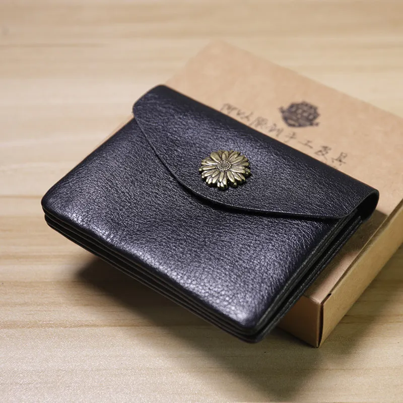 Slim Women Red Brown Sunflower Leather Card Wallet Minimalist Envelope Card Holder Wallet Coin Wallet For Women
