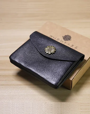 Slim Women Red Brown Sunflower Leather Card Wallet Minimalist Envelope Card Holder Wallet Coin Wallet For Women
