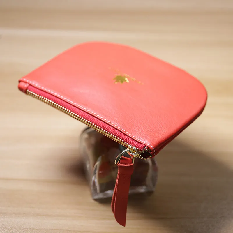 Slim Women Red Leather Zip Card Wallet Saddle Minimalist Coin Wallet Small Zip Change Wallet For Women