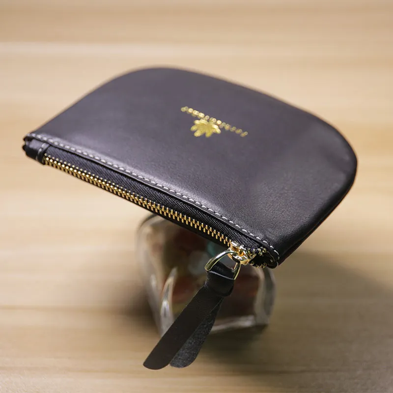 Slim Women Red Leather Zip Card Wallet Saddle Minimalist Coin Wallet Small Zip Change Wallet For Women