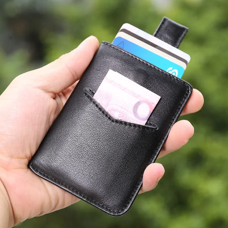 Slim Womens Black Leather Card Holder Wallet Vertical RFID Minimalist Card Holders Wallet for Ladies