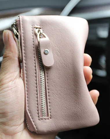 Slim Womens Black Leather Zip Wallet With Keychain Card Wallet Zip Coin Wallet for Ladies