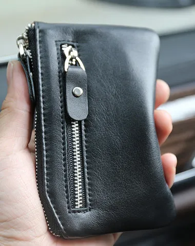Slim Womens Black Leather Zip Wallet With Keychain Card Wallet Zip Coin Wallet for Ladies