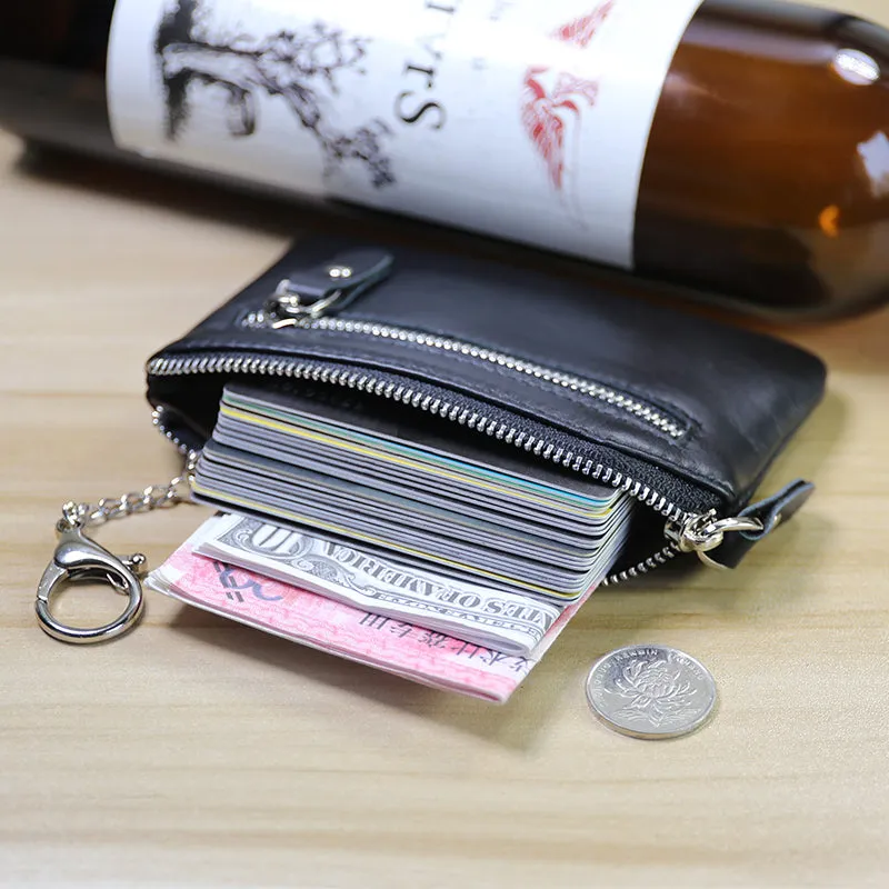 Slim Womens Black Leather Zip Wallet With Keychain Card Wallet Zip Coin Wallet for Ladies