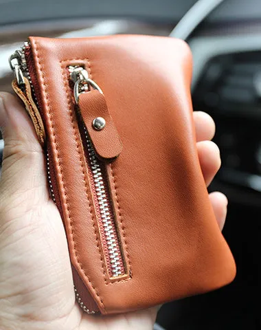 Slim Womens Black Leather Zip Wallet With Keychain Card Wallet Zip Coin Wallet for Ladies