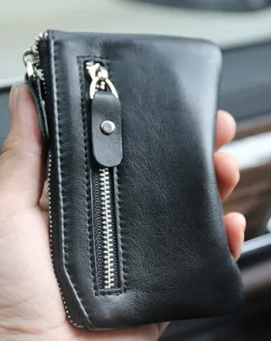 Slim Womens Black Leather Zip Wallet With Keychain Card Wallet Zip Coin Wallet for Ladies
