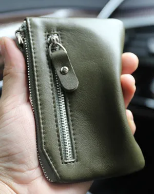 Slim Womens Green Leather Zip Wallet With Keychain Card Wallet Zip Coin Wallet for Ladies