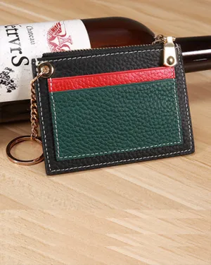 Slim Womens Patchwork Black Leather Card Wallets with Keychain Cute Zip Card Holder Wallet for Women