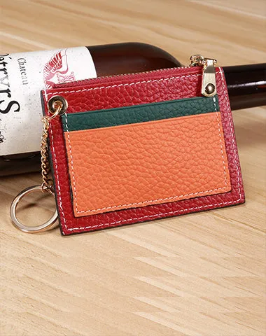 Slim Womens Patchwork Green Leather Card Wallets with Keychain Cute Zip Card Holder Wallet for Women
