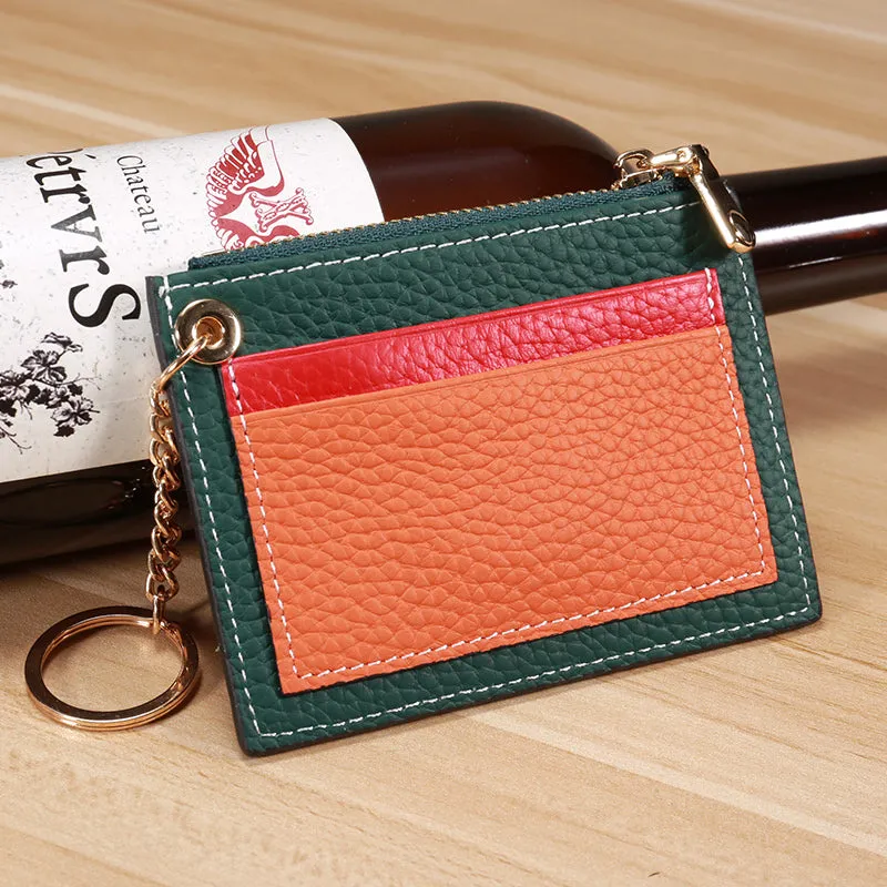 Slim Womens Patchwork Green Leather Card Wallets with Keychain Cute Zip Card Holder Wallet for Women