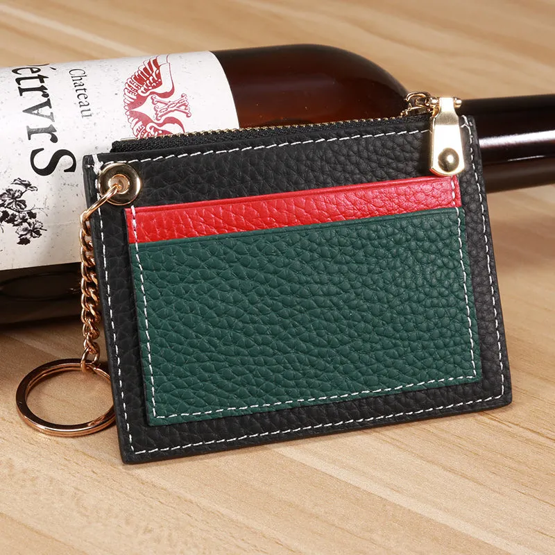 Slim Womens Patchwork Green Leather Card Wallets with Keychain Cute Zip Card Holder Wallet for Women