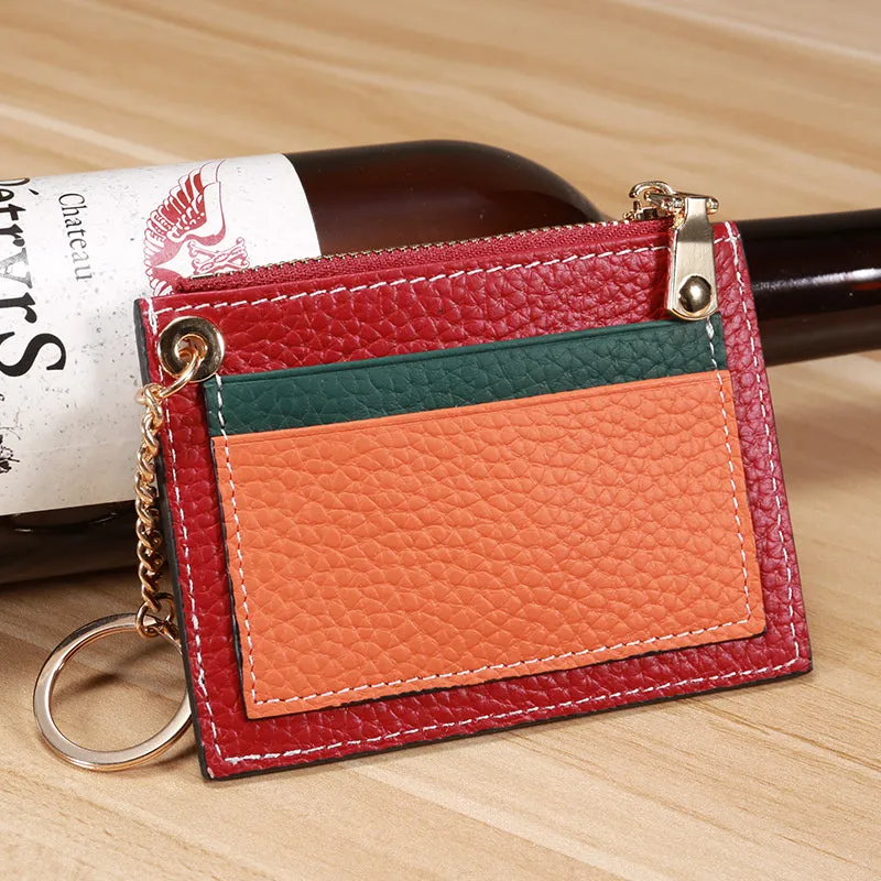 Slim Womens Patchwork Green Leather Card Wallets with Keychain Cute Zip Card Holder Wallet for Women
