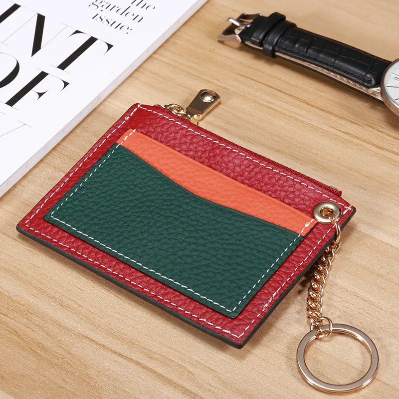 Slim Womens Patchwork Green Leather Card Wallets with Keychain Cute Zip Card Holder Wallet for Women