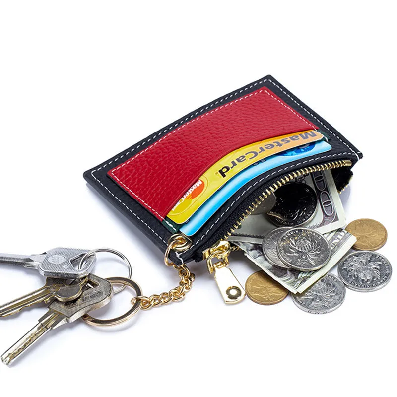 Slim Womens Patchwork Green Leather Card Wallets with Keychain Cute Zip Card Holder Wallet for Women