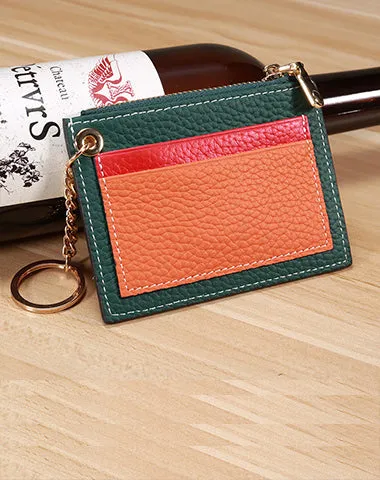 Slim Womens Patchwork Green Leather Card Wallets with Keychain Cute Zip Card Holder Wallet for Women