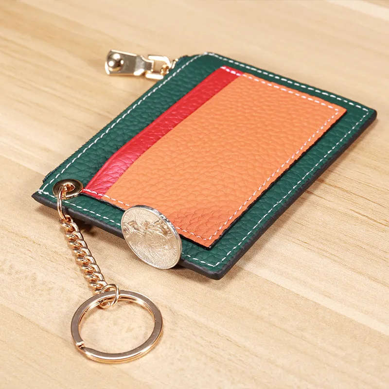 Slim Womens Patchwork Green Leather Card Wallets with Keychain Cute Zip Card Holder Wallet for Women