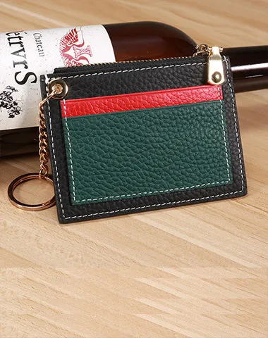 Slim Womens Patchwork Green Leather Card Wallets with Keychain Cute Zip Card Holder Wallet for Women