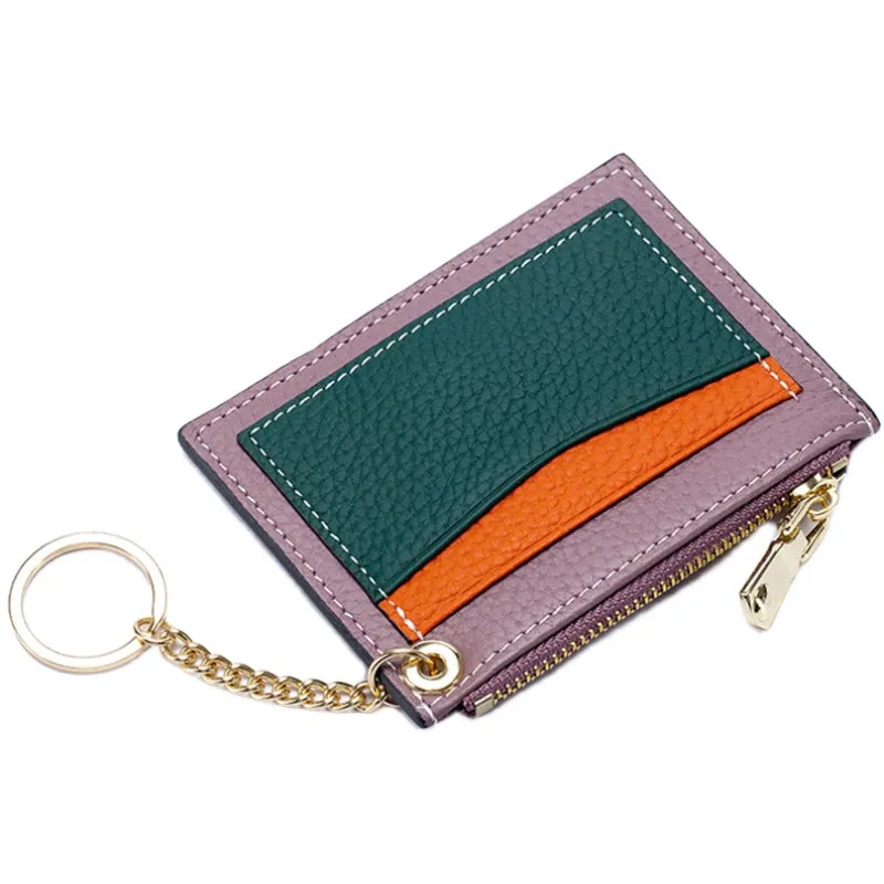 Slim Womens Patchwork Red Leather Card Wallets with Keychain Cute Zip Card Holder Wallet for Women