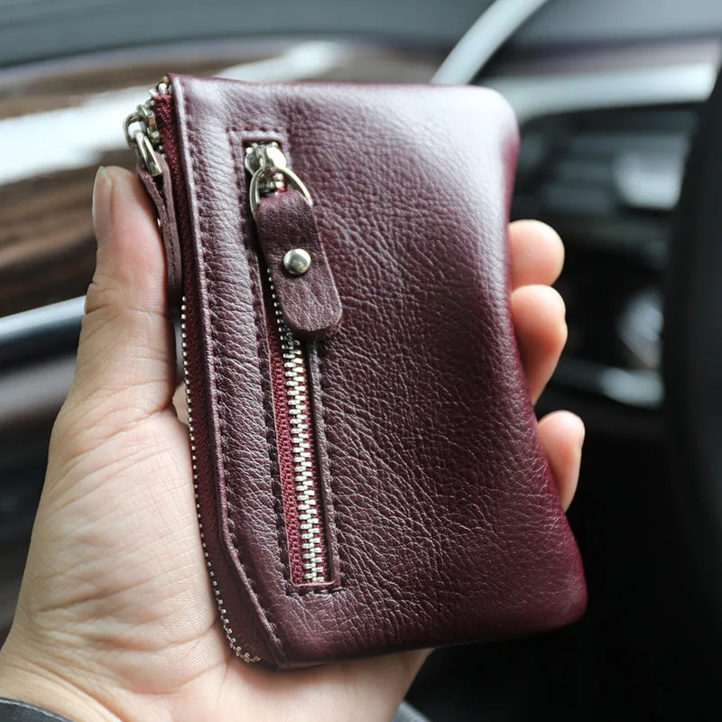 Slim Womens Pink Leather Zip Wallet With Keychain Card Wallet Zip Coin Wallet for Ladies