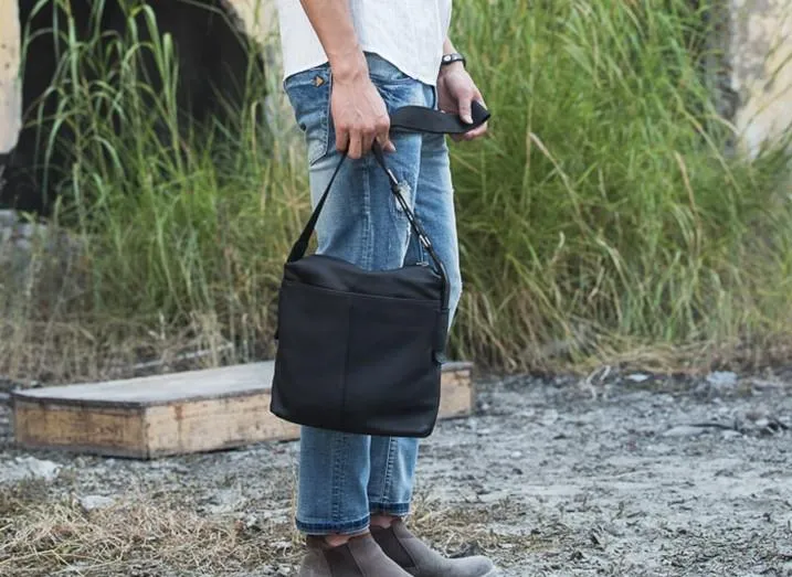 Small Cool Black Square Leather Mens Messenger Bags Shoulder Bags for Men