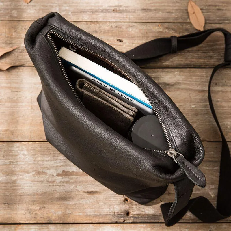 Small Cool Black Square Leather Mens Messenger Bags Shoulder Bags for Men