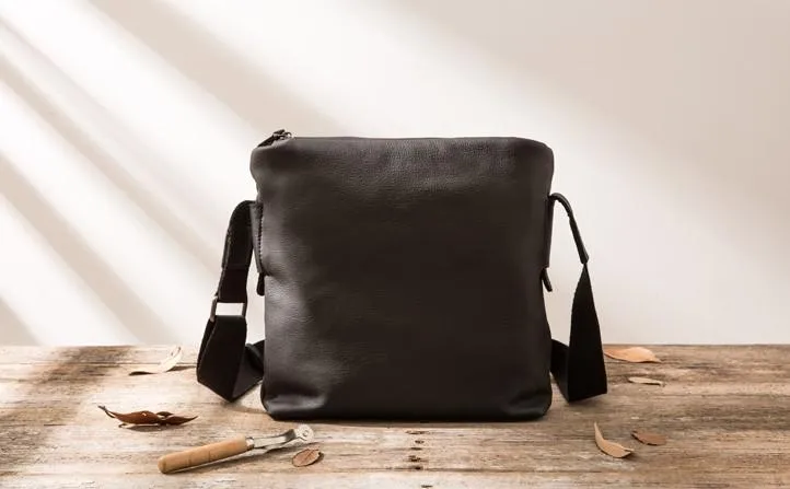 Small Cool Black Square Leather Mens Messenger Bags Shoulder Bags for Men