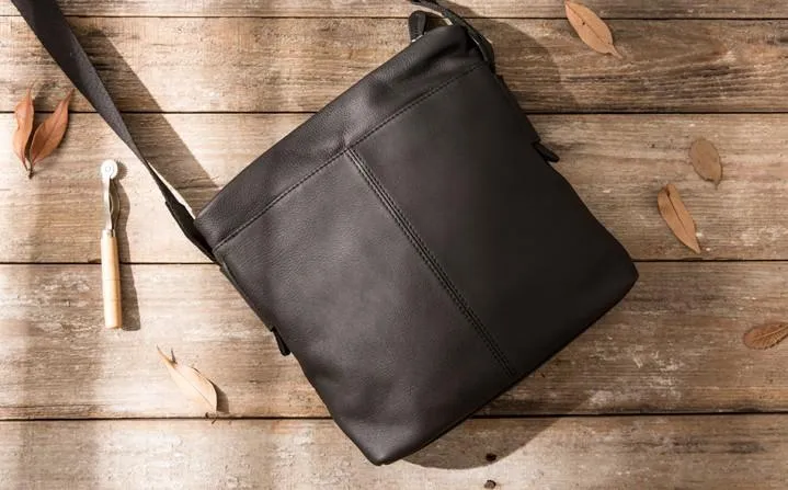 Small Cool Black Square Leather Mens Messenger Bags Shoulder Bags for Men
