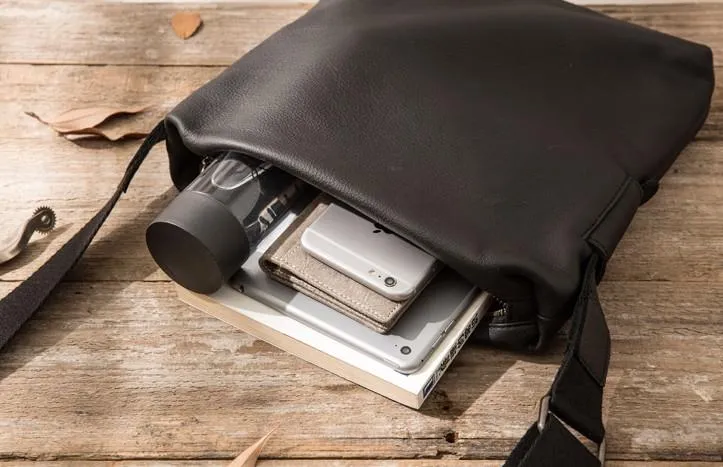 Small Cool Black Square Leather Mens Messenger Bags Shoulder Bags for Men