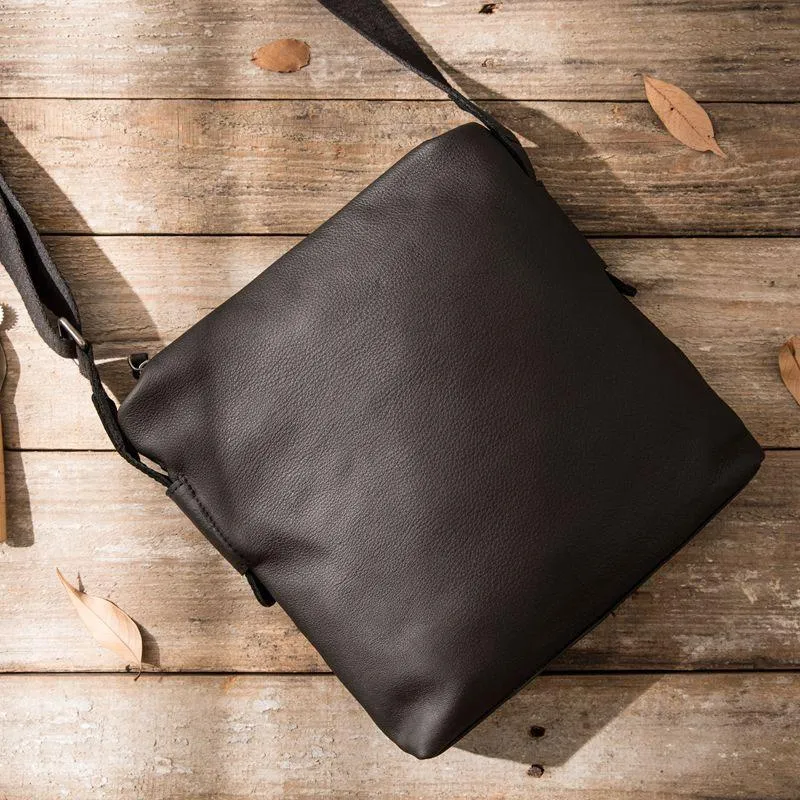 Small Cool Black Square Leather Mens Messenger Bags Shoulder Bags for Men