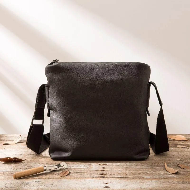 Small Cool Black Square Leather Mens Messenger Bags Shoulder Bags for Men