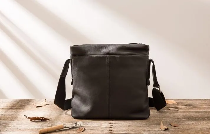 Small Cool Black Square Leather Mens Messenger Bags Shoulder Bags for Men