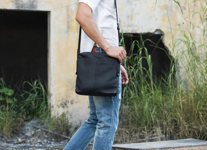 Small Cool Black Square Leather Mens Messenger Bags Shoulder Bags for Men