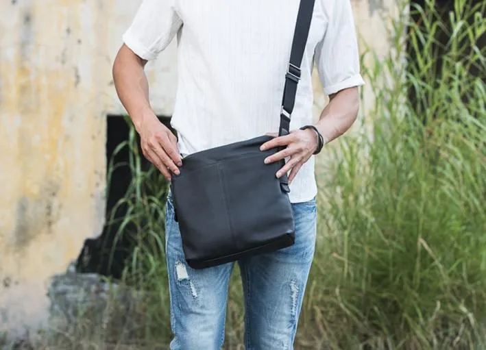 Small Cool Black Square Leather Mens Messenger Bags Shoulder Bags for Men