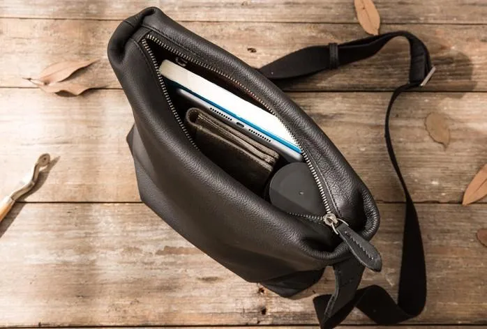 Small Cool Black Square Leather Mens Messenger Bags Shoulder Bags for Men