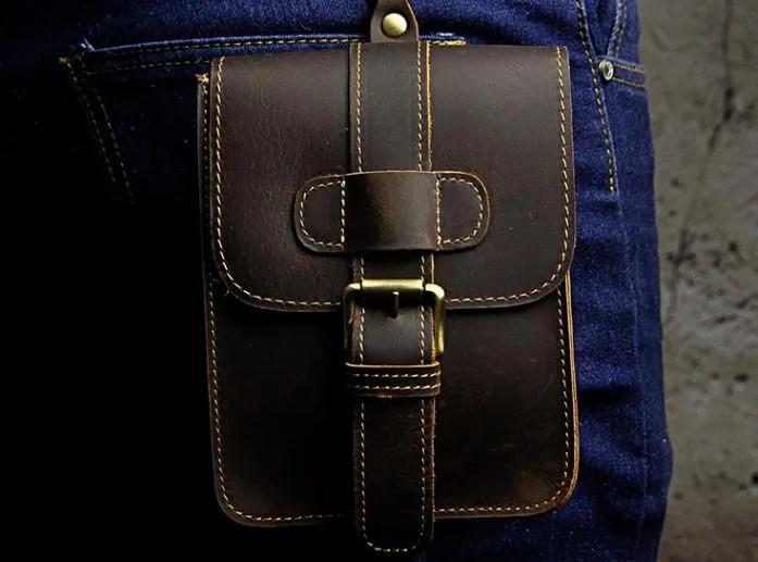Small Leather Belt Pouch Mens Holsters Belt Cases Cell Phone Waist Pouch for Men