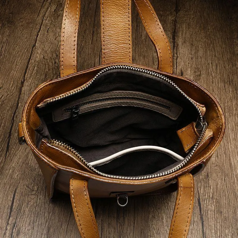 Small Vintage Brown Womens Leather Bucket Handbag Red Leather Bucket Shoulder Purse for Ladies