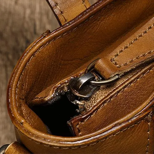 Small Vintage Brown Womens Leather Bucket Handbag Red Leather Bucket Shoulder Purse for Ladies