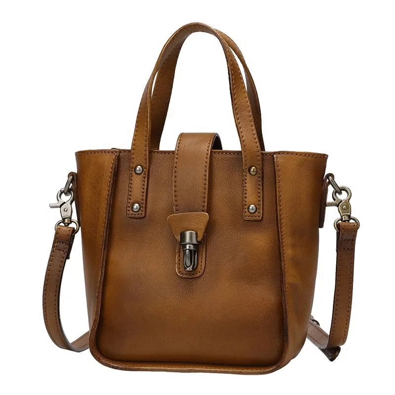 Small Vintage Brown Womens Leather Bucket Handbag Red Leather Bucket Shoulder Purse for Ladies