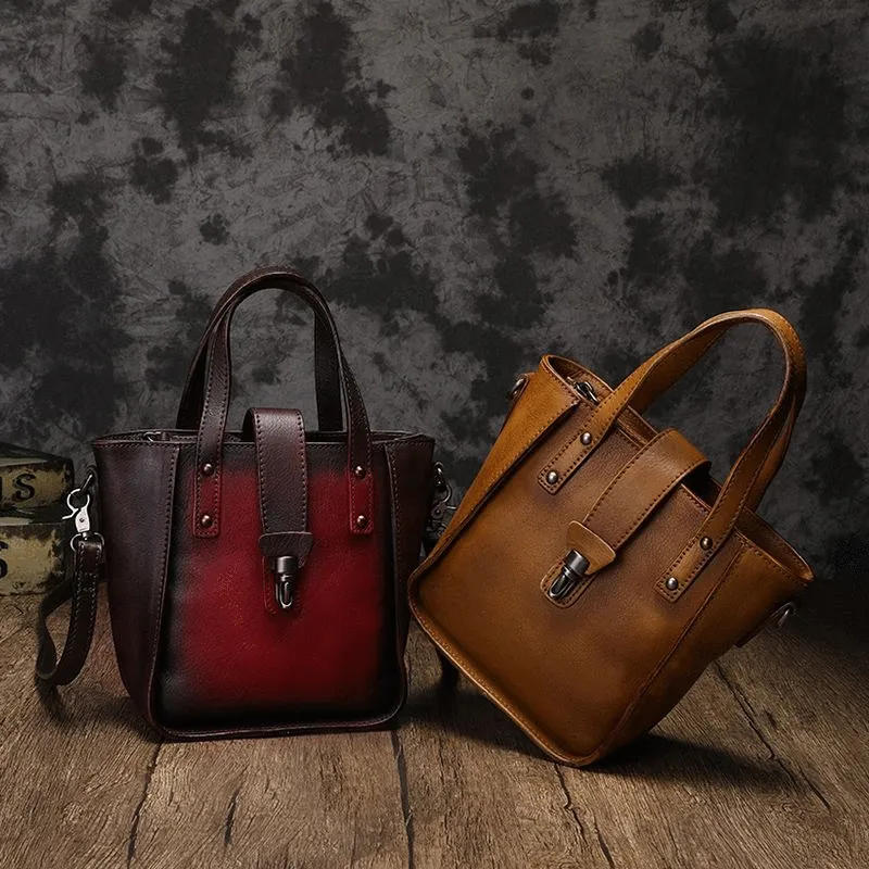 Small Vintage Brown Womens Leather Bucket Handbag Red Leather Bucket Shoulder Purse for Ladies
