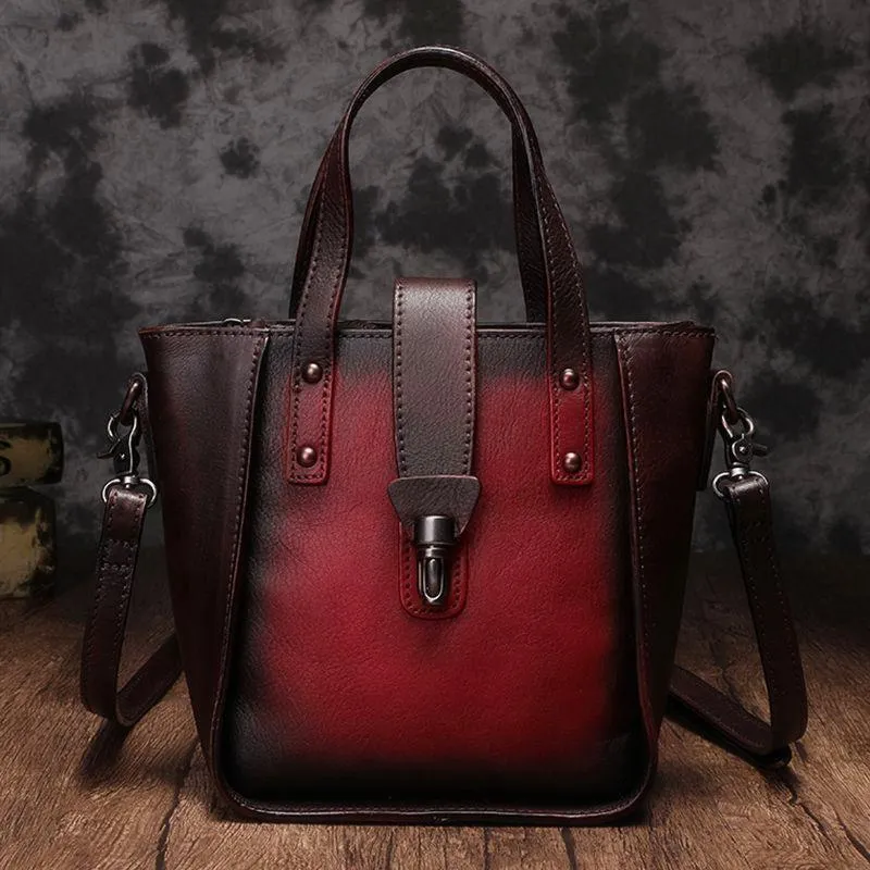 Small Vintage Brown Womens Leather Bucket Handbag Red Leather Bucket Shoulder Purse for Ladies