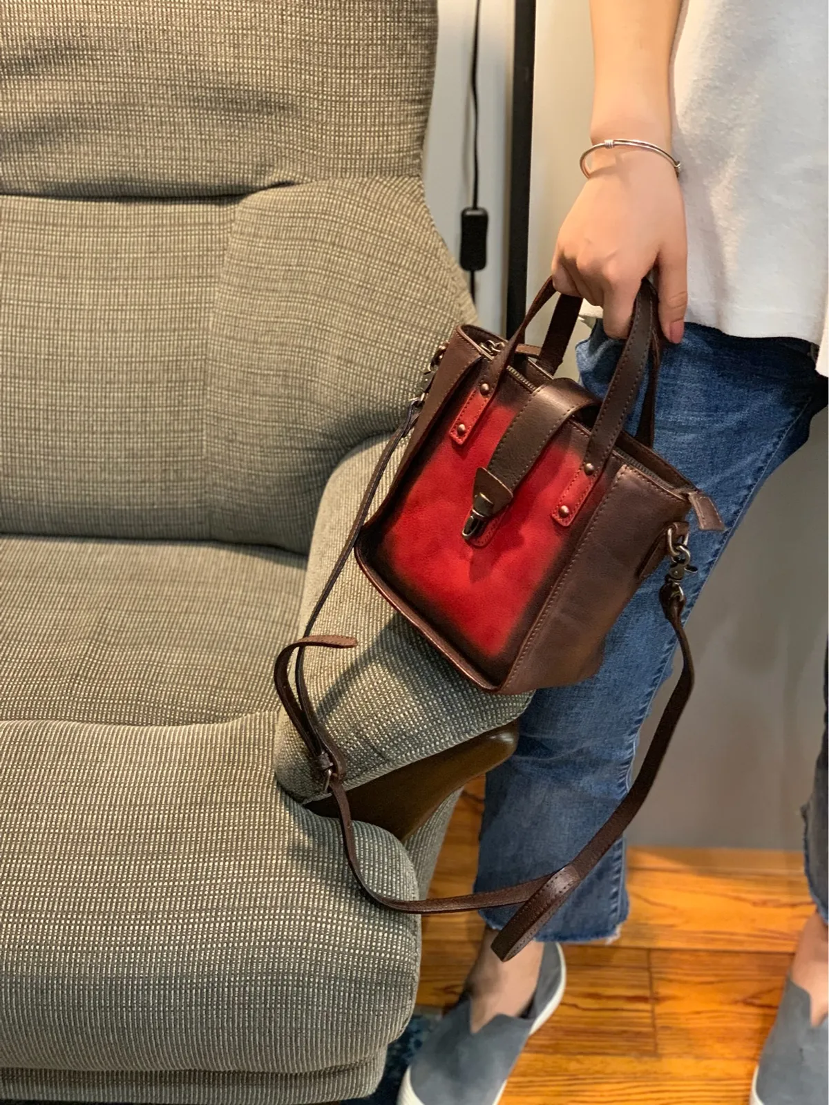 Small Vintage Brown Womens Leather Bucket Handbag Red Leather Bucket Shoulder Purse for Ladies