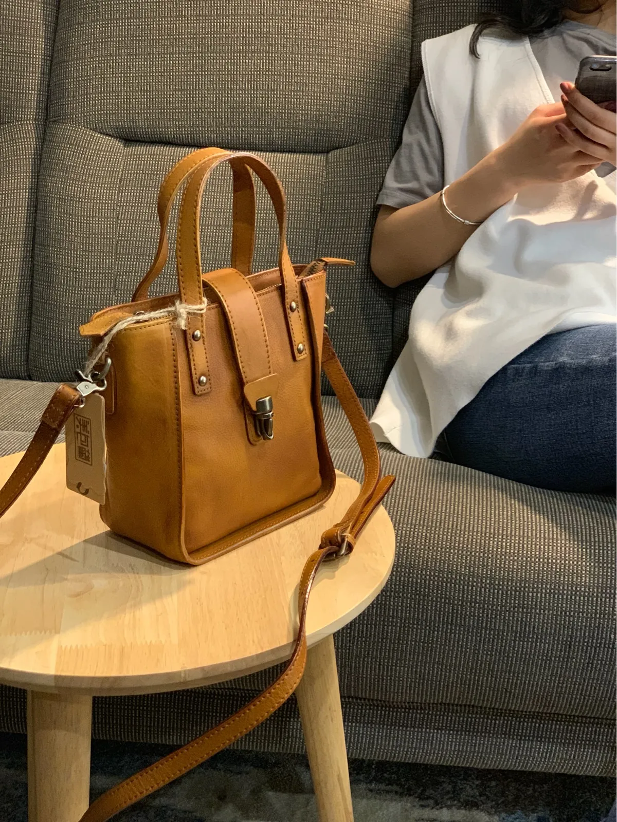 Small Vintage Brown Womens Leather Bucket Handbag Red Leather Bucket Shoulder Purse for Ladies