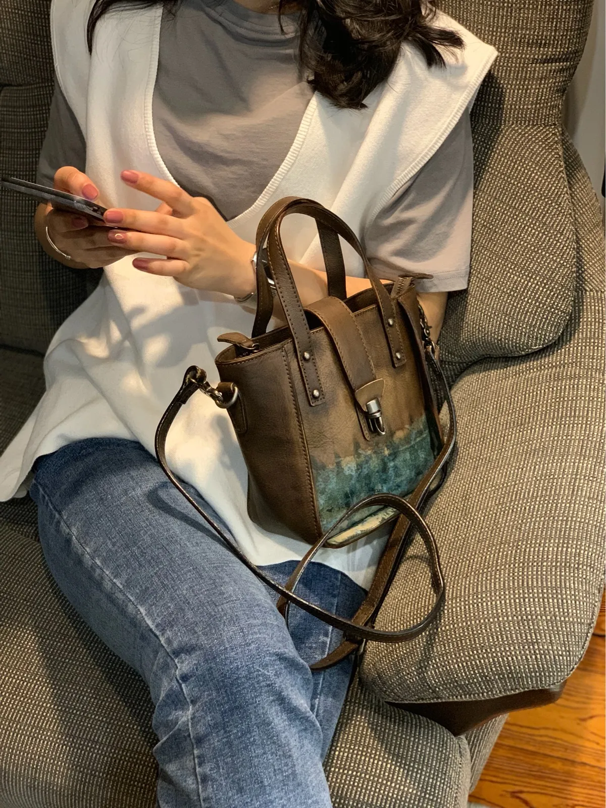 Small Vintage Brown Womens Leather Bucket Handbag Red Leather Bucket Shoulder Purse for Ladies