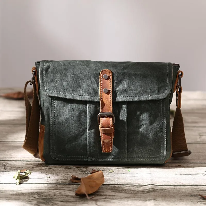 Small Waxed Canvas Crossbody Bag Mens Waterproof Camera Bag Green Side Bag Courier Bag Canvas Messenger Bag for Men