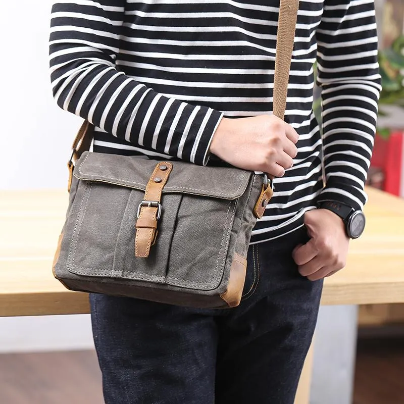 Small Waxed Canvas Crossbody Bag Mens Waterproof Camera Bag Green Side Bag Courier Bag Canvas Messenger Bag for Men