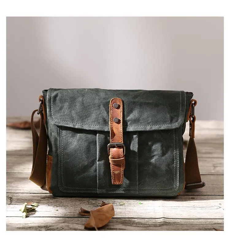 Small Waxed Canvas Crossbody Bag Mens Waterproof Camera Bag Green Side Bag Courier Bag Canvas Messenger Bag for Men