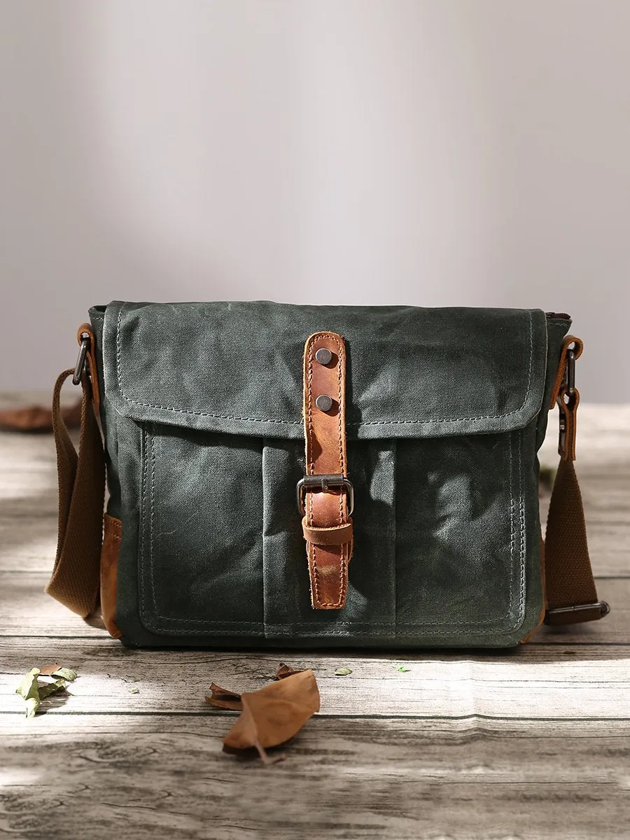 Small Waxed Canvas Crossbody Bag Mens Waterproof Camera Bag Green Side Bag Courier Bag Canvas Messenger Bag for Men