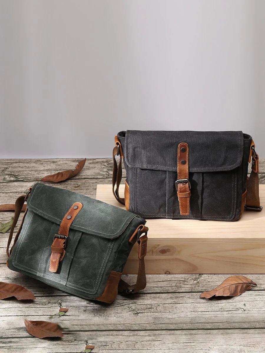 Small Waxed Canvas Crossbody Bag Mens Waterproof Camera Bag Green Side Bag Courier Bag Canvas Messenger Bag for Men