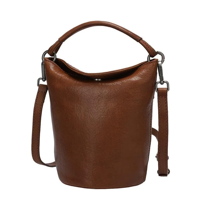Small Womens Green Leather Bucket Handbag Vintage Brown Barrel Shoulder Bag Purses for Ladies