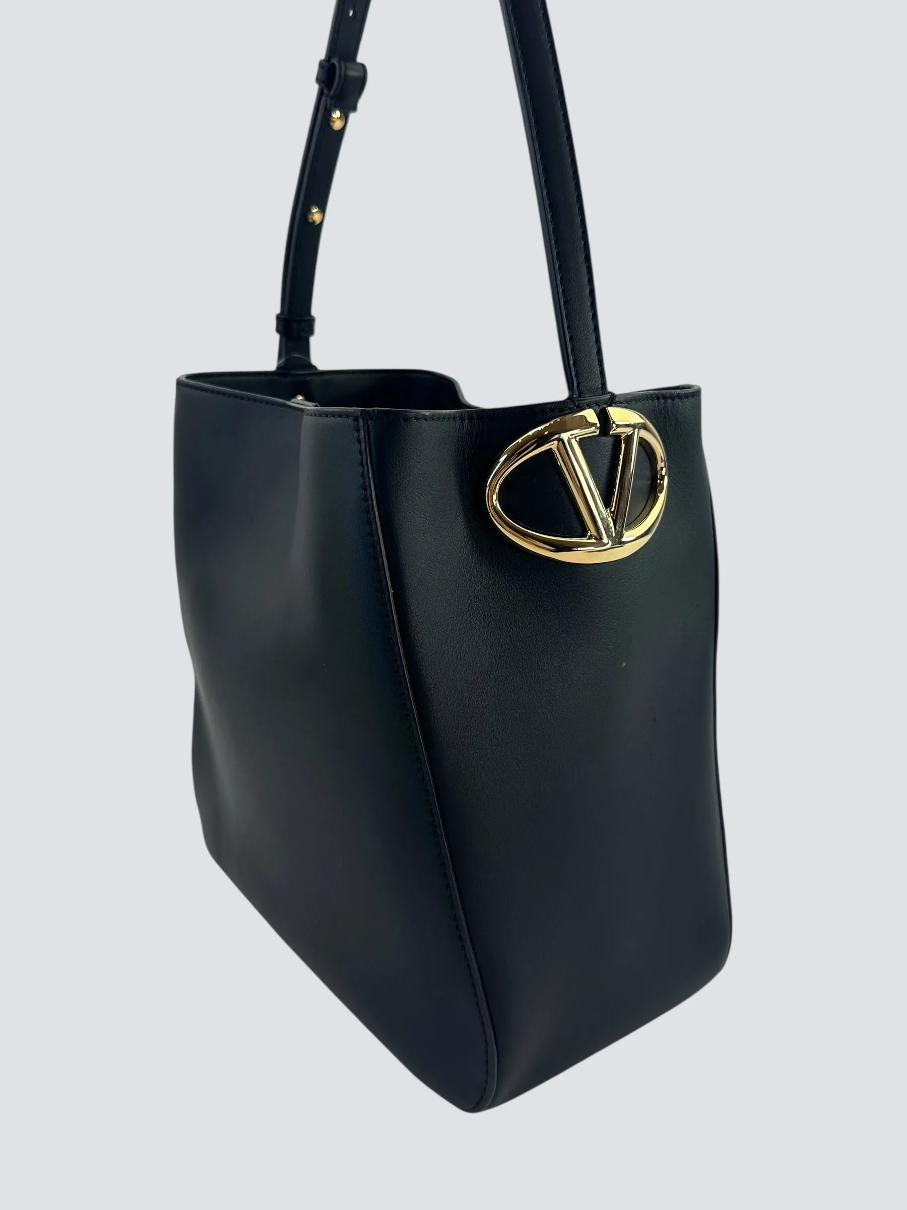 Valentino Black Leather Vlogo Bucket Bag